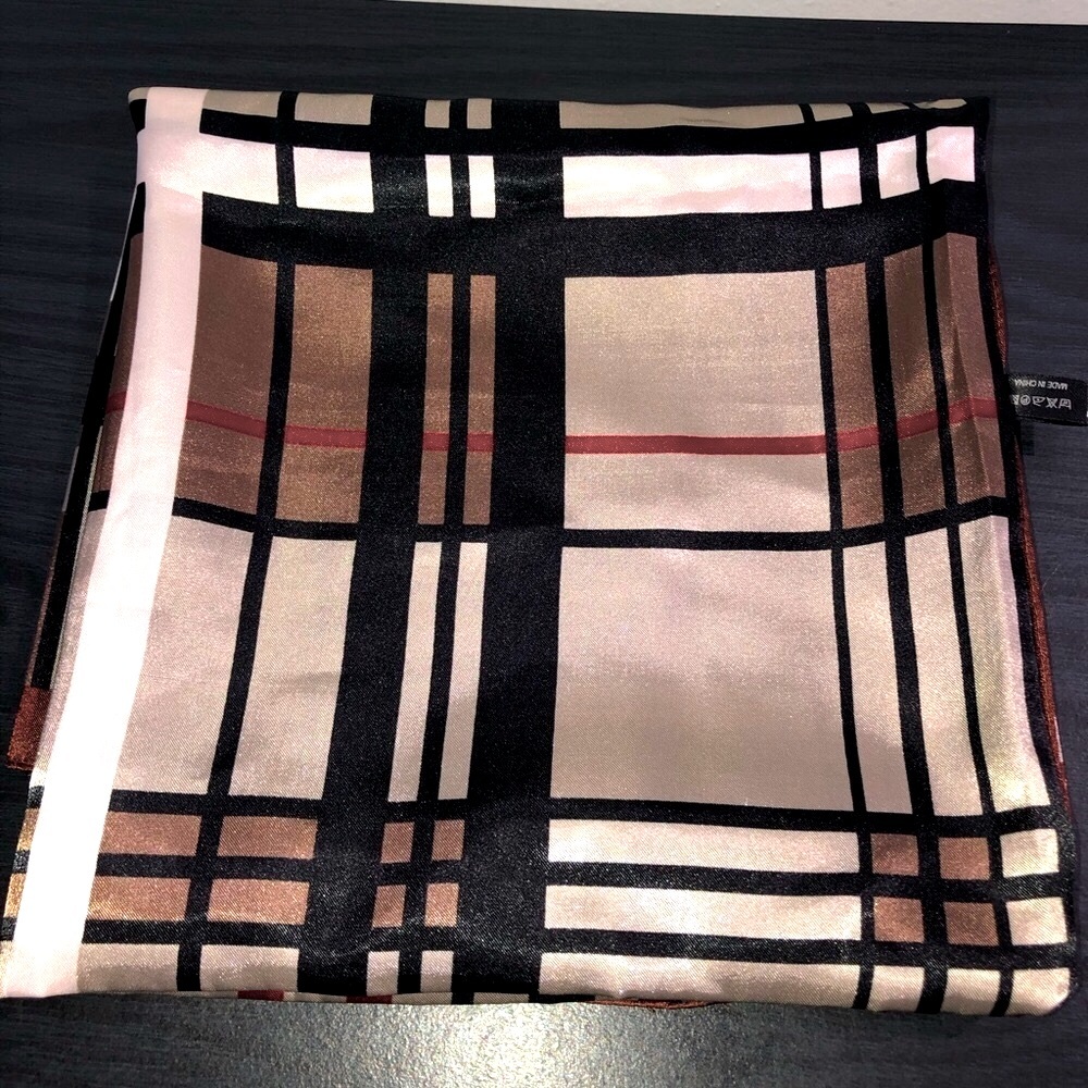 Square scarf, large, brown/red/tan, made of polyester. Like new.